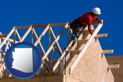 arizona map icon and a carpenter building a house, working on roof joists