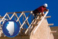 illinois map icon and a carpenter building a house, working on roof joists