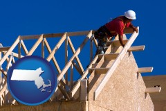 massachusetts map icon and a carpenter building a house, working on roof joists