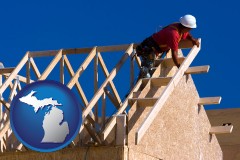 michigan map icon and a carpenter building a house, working on roof joists