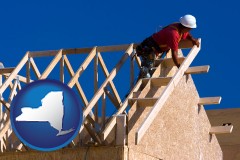 new-york map icon and a carpenter building a house, working on roof joists