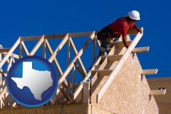 texas map icon and a carpenter building a house, working on roof joists