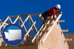 washington map icon and a carpenter building a house, working on roof joists