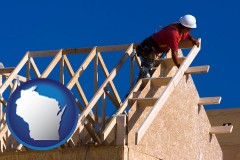 wisconsin map icon and a carpenter building a house, working on roof joists